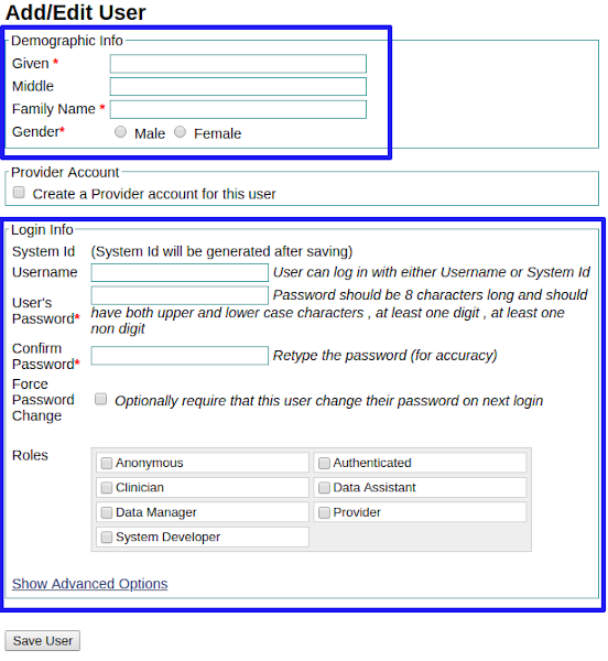 entering user info